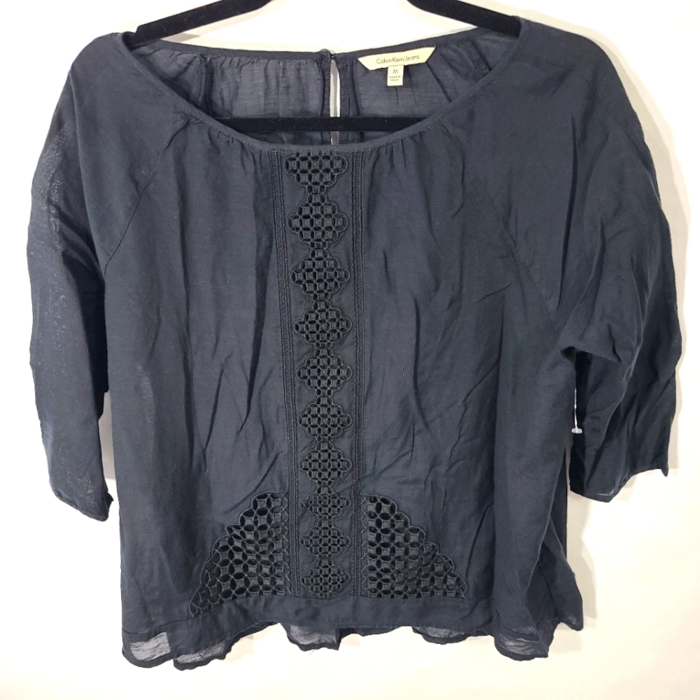 Calvin Klein Jeans Women's Size Medium Black Eyelet Blouse Shirt Top Lightweight